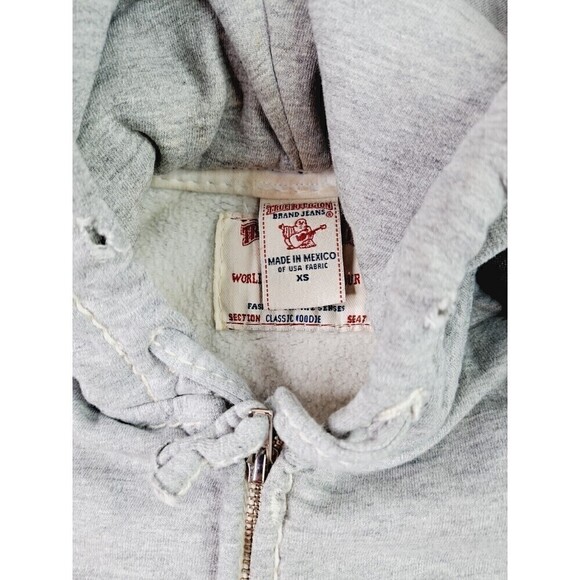 True Religion Jimmy Hooded Denim Jacket Distressed Built In Hoodie Unisex Sz XS - Picture 6 of 7